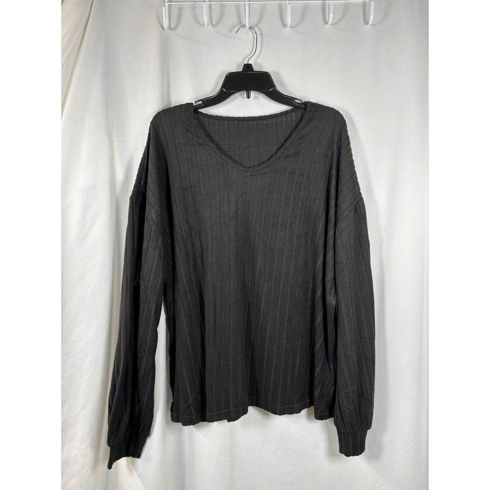 Womens Black Ribbed V-Neck Long Sleeve Oversized Knit Top XXL